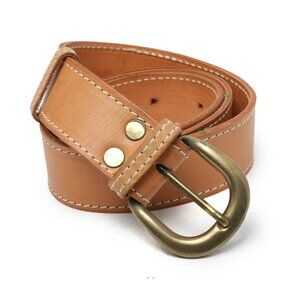 Vintage Tan Leather Belt Brass Buckle Contrast Stitching Classic Academia Retro